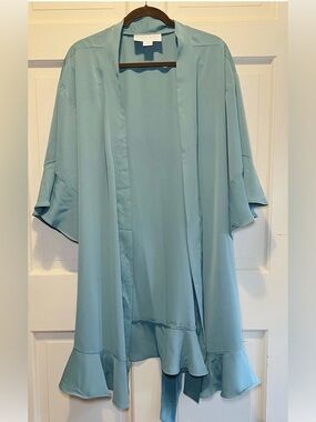 Light Blue Teal Open Front Ruffle Hem Kimono Cardigan Robe